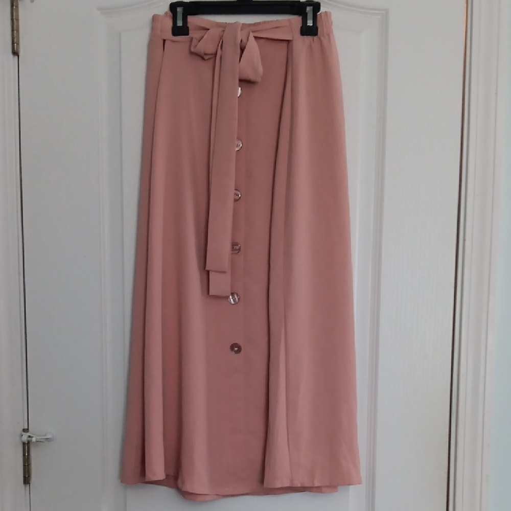 Soho Apparel Dusty Rose Button-Front Adjustable Maxi/Midi Skirt with Waist Tie